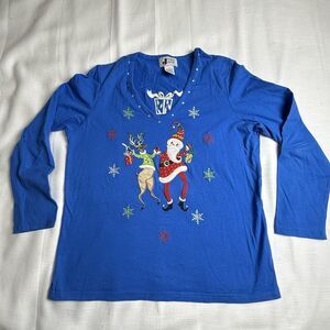 J Two Embellished Dancing Santa & Raindeer Embellished Blue Christmas Shirt Sz M